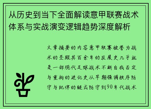 从历史到当下全面解读意甲联赛战术体系与实战演变逻辑趋势深度解析